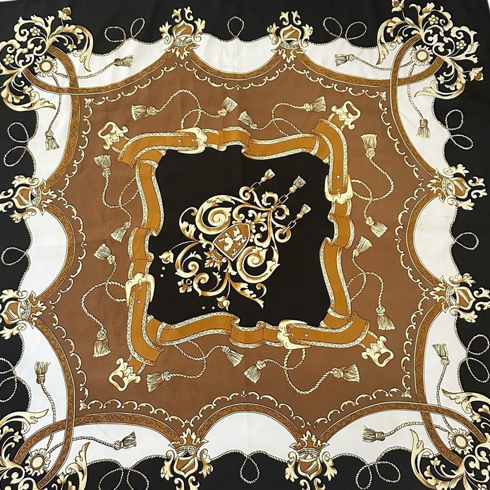 Elegant Black and Brown Scarf with Intricate Design Poly Satiny